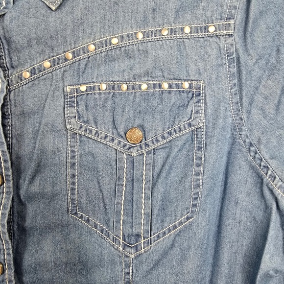 Reba Womens Denim Shirt Pearl Snap Studded Western Long Sleeve Blue Size L - Picture 4 of 11